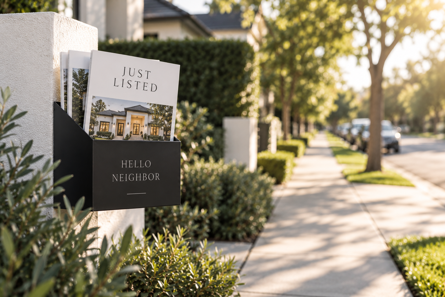 Real estate “Just Listed” marketing brochures displayed outside a Silicon Valley home, representing the launch of a customized home-selling marketing campaign.