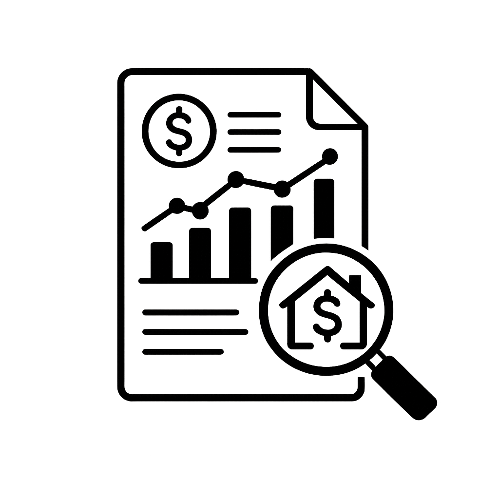 Outline illustration of a financial report with a bar graph and line chart, dollar symbols, a house inside a magnifying glass, and lines of text.
