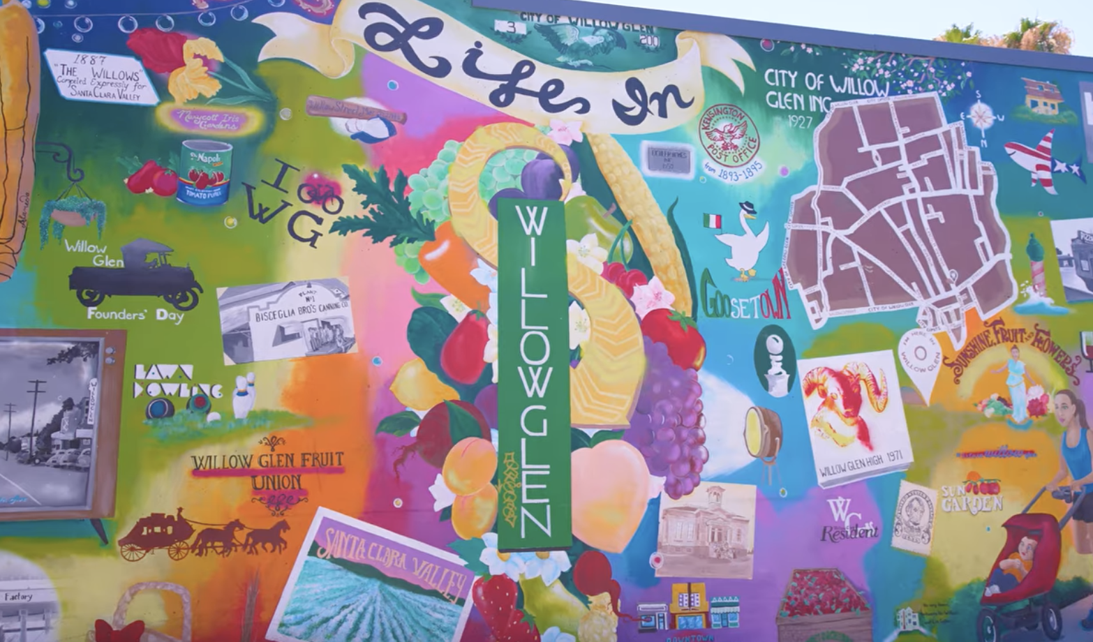 Colorful mural of Willow Glen, California commemorating its history and community, including drawings of fruits, a map, vintage photos, and local symbols.