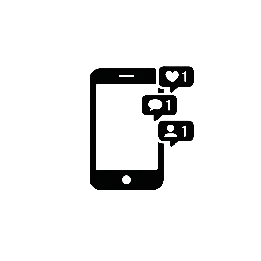 A smartphone with notification icons showing a heart, a speech bubble, and a person, indicating likes, comments, and followers.