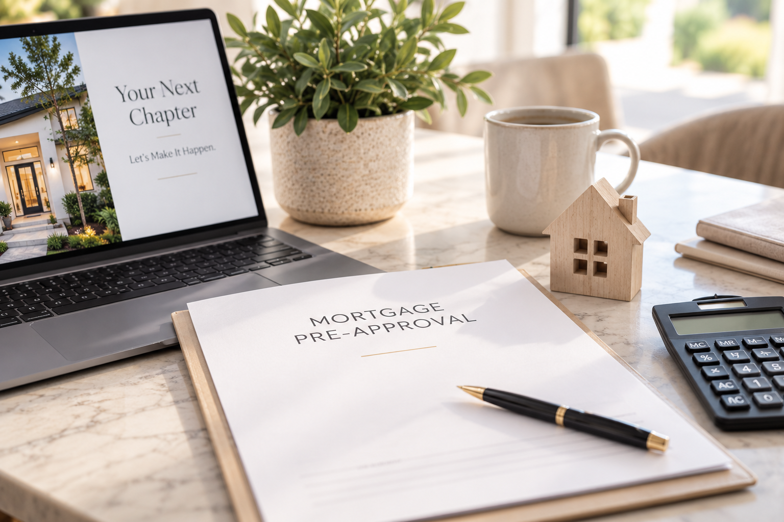 Mortgage pre-approval documents, laptop, calculator and small wooden house on a bright desk, representing financing options and buying power before beginning a home search.