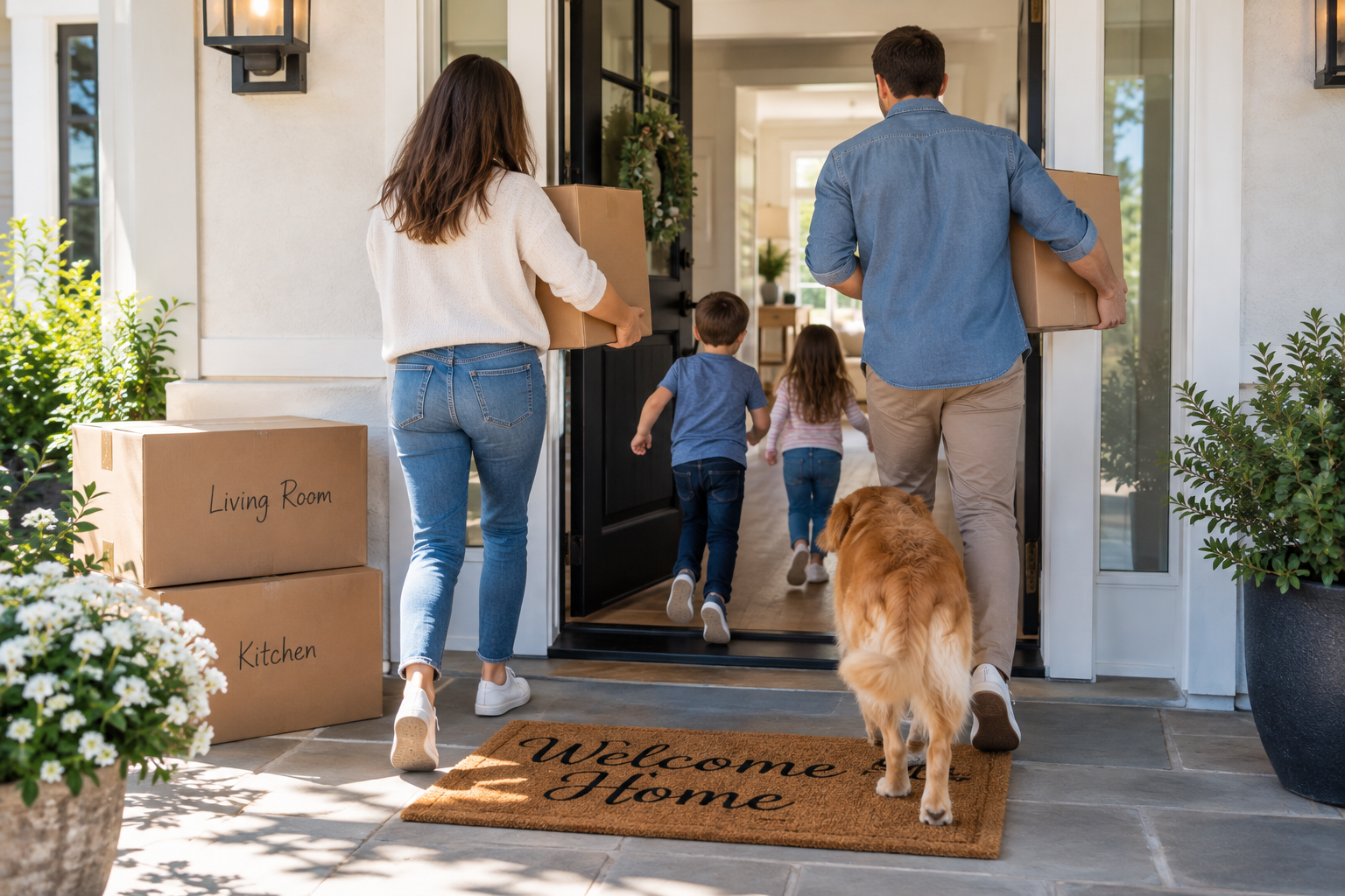 Family carrying moving boxes into their new home with their children and dog, representing the excitement of moving in and continued support after closing.