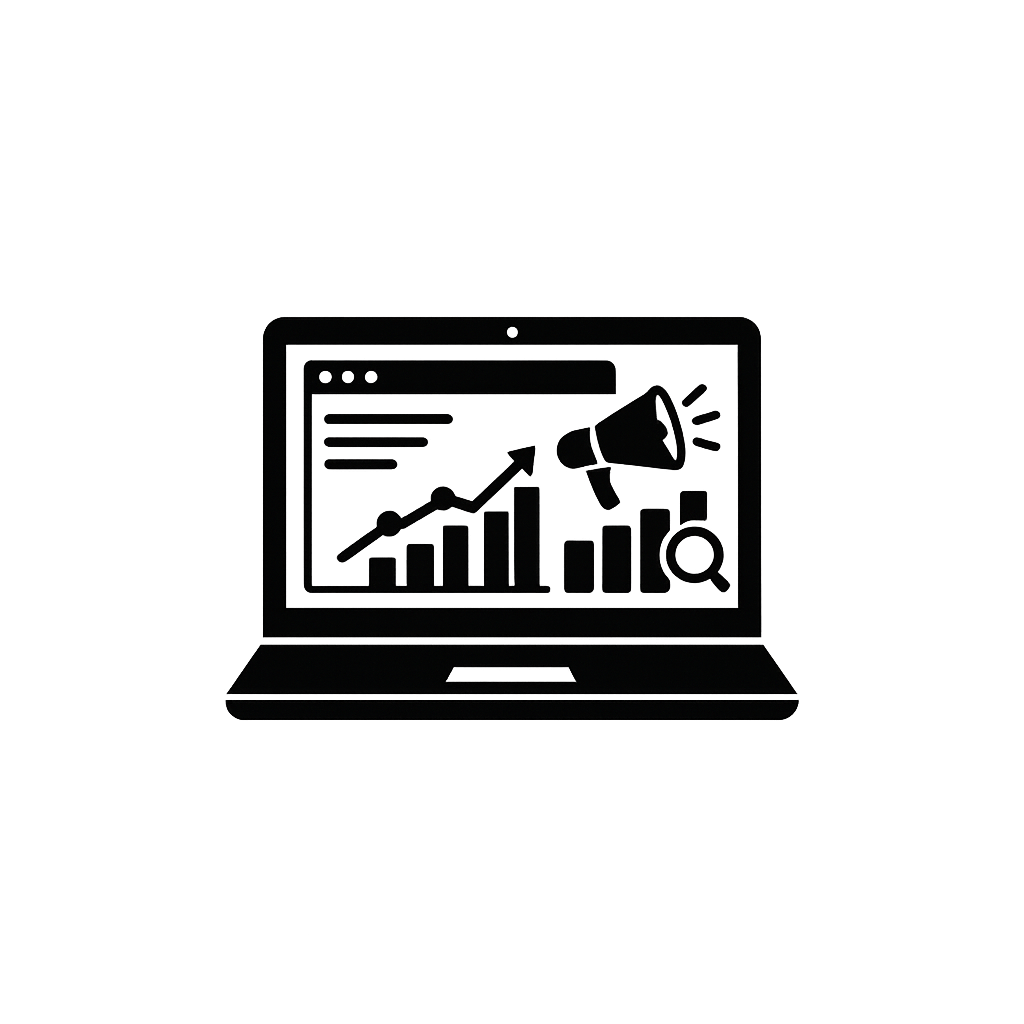 Outline of a laptop with a screen displaying a graph, a magnifying glass, and a loudspeaker icon, representing digital marketing or analytics.