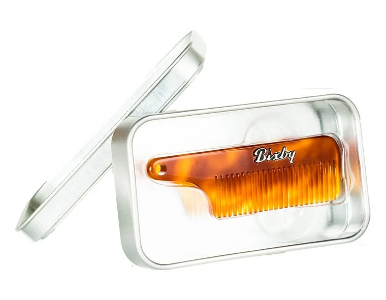 Bixby Mustache Comb handcrafted from Italian acetate in metal travel tin.