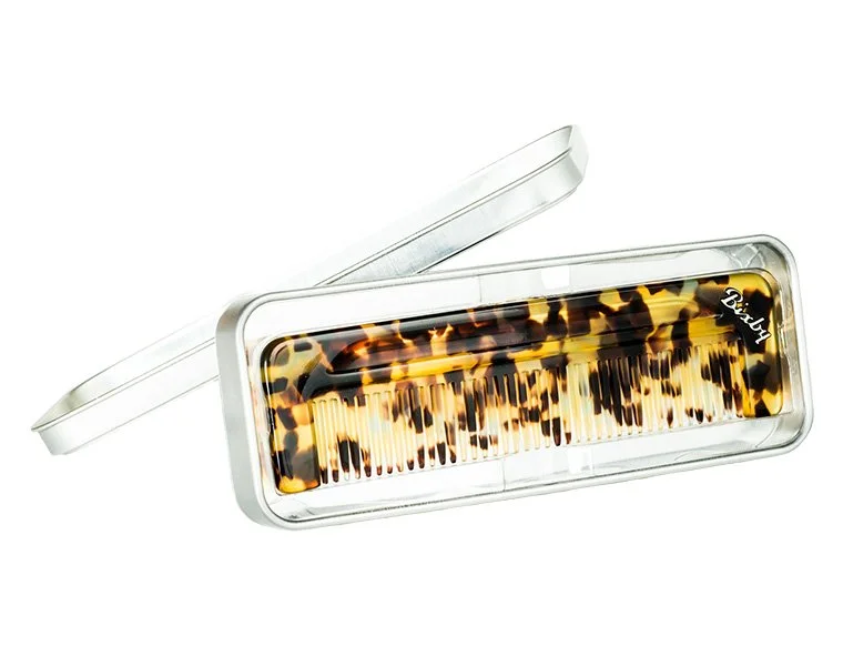 Bixby Fine Tooth Comb handcrafted from Italian acetate with signature metal inlay.