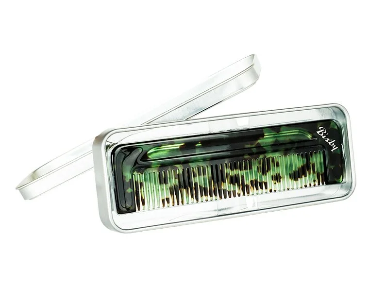 Bixby Fine Tooth Comb handcrafted from Italian acetate with signature metal inlay.
