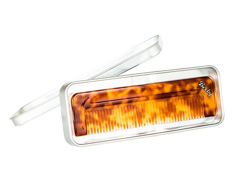 Bixby Fine Tooth Comb handcrafted from Italian acetate with signature metal inlay.