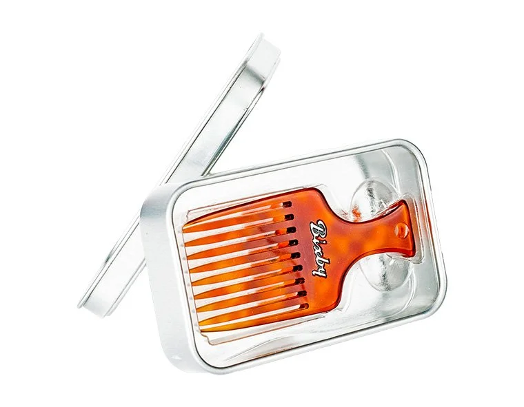 Bixby Beard Pick handcrafted from Italian acetate in metal travel tin.