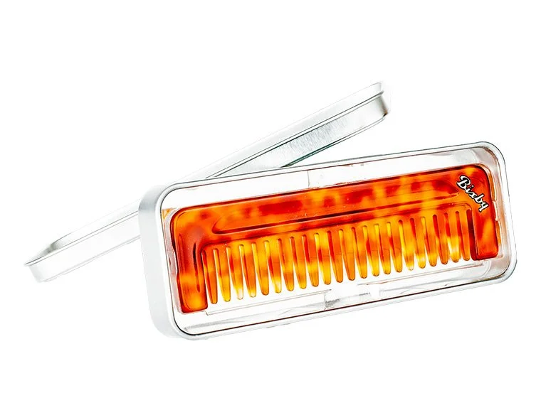 Bixby Wide Tooth Comb handcrafted from Italian acetate with signature metal inlay.