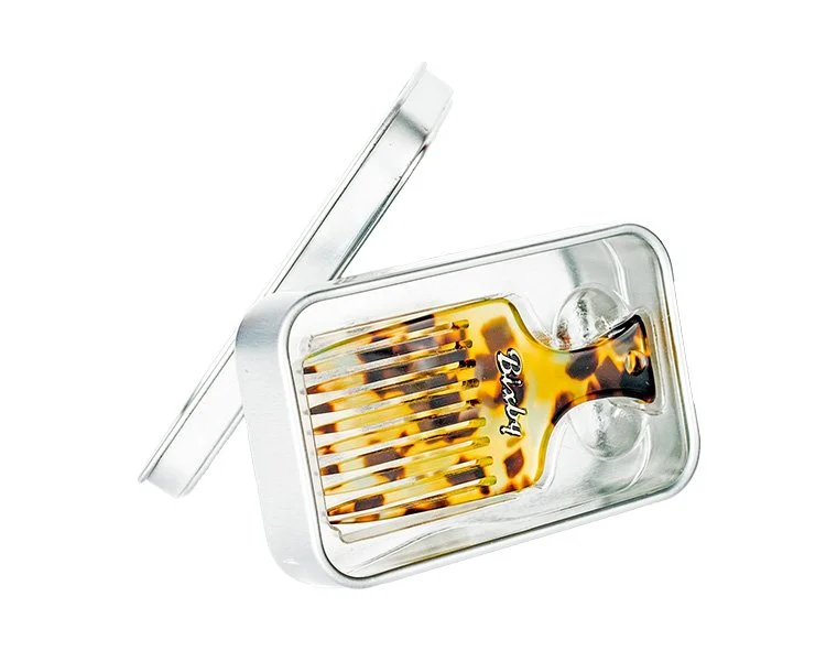 Bixby Beard Pick handcrafted from Italian acetate in metal travel tin.