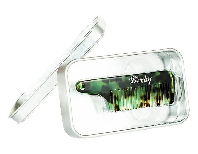 Bixby Mustache Comb handcrafted from Italian acetate in metal travel tin.