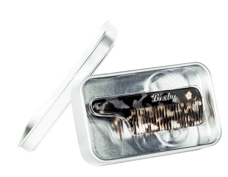 Bixby Mustache Comb handcrafted from Italian acetate in metal travel tin.