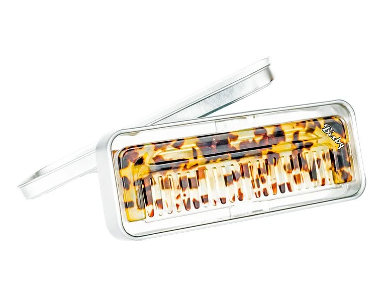 Bixby Wide Tooth Comb handcrafted from Italian acetate with signature metal inlay.