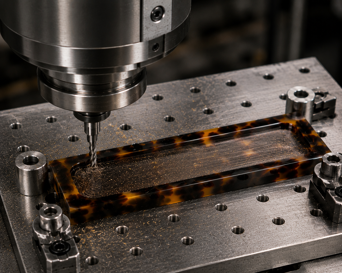 Italian tortoise acetate blank being precision carved for a Bixby The Original comb.