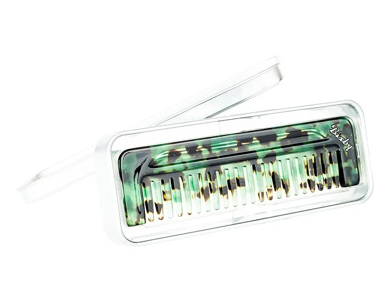 Bixby Wide Tooth Comb handcrafted from Italian acetate with signature metal inlay.