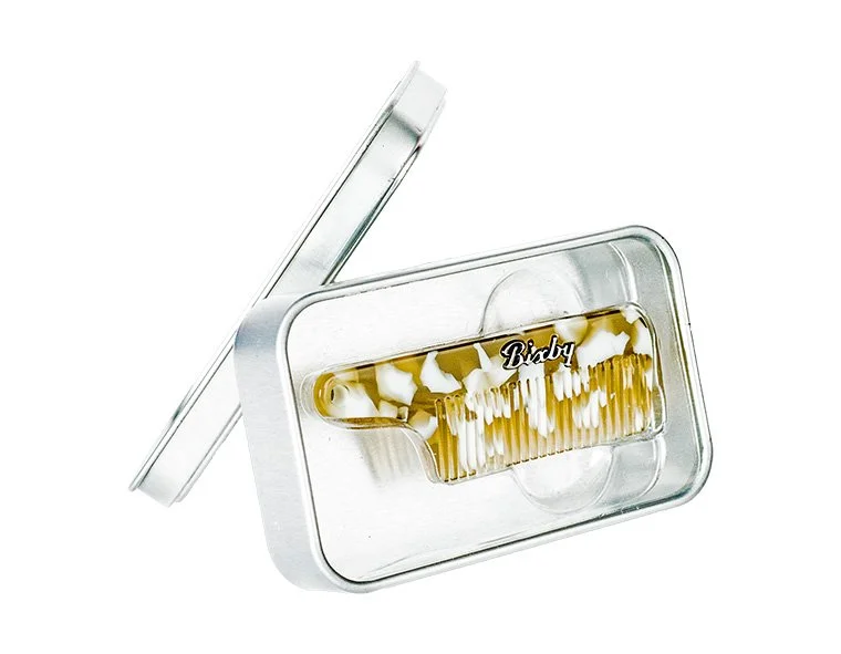 Bixby Mustache Comb handcrafted from Italian acetate in metal travel tin.