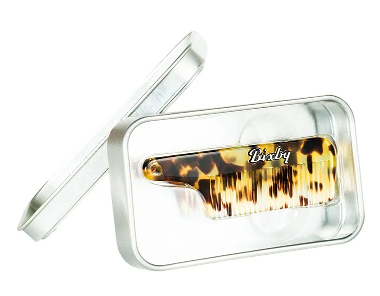 Bixby Mustache Comb handcrafted from Italian acetate in metal travel tin.