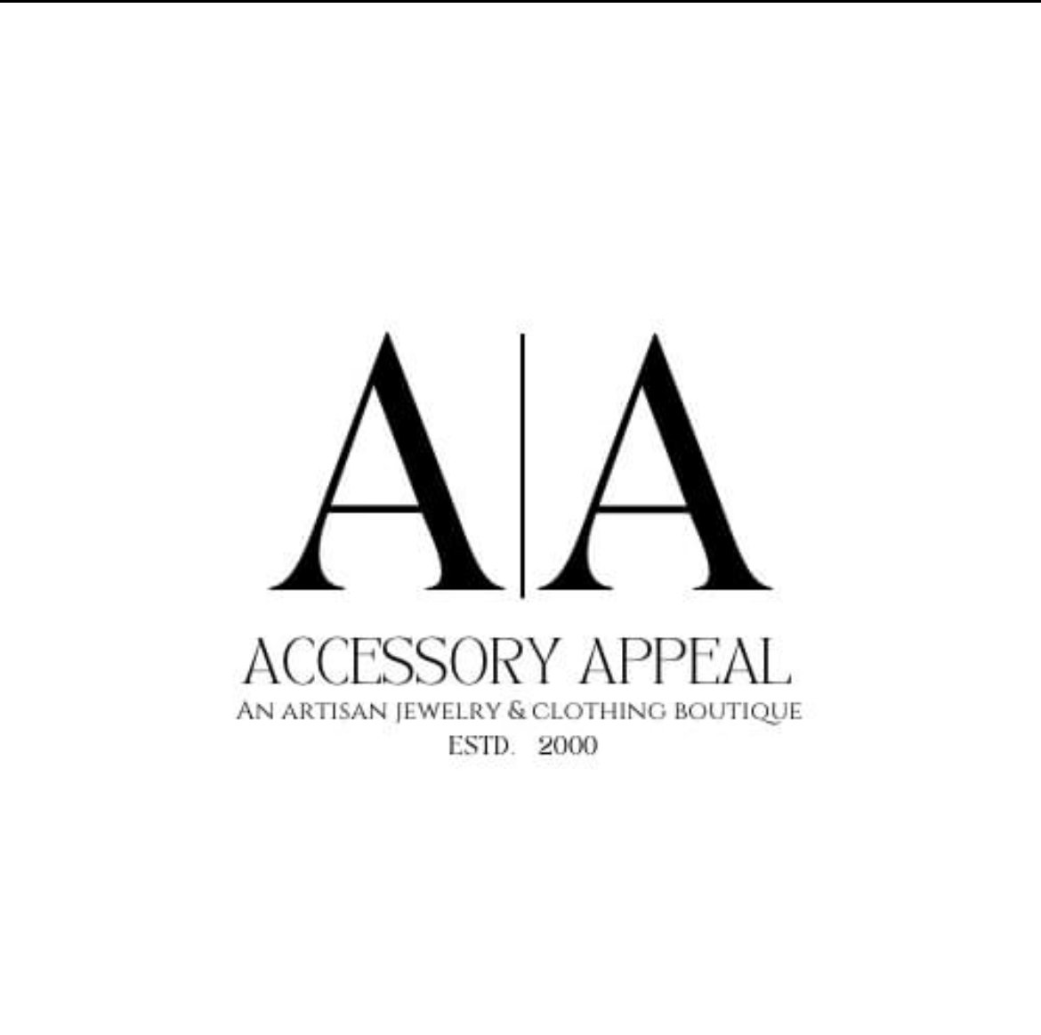 Logo for Accessory Appeal featuring two large stylized letter A separated by a vertical line, with text below reading "Accessory Appeal," "An Artisan Jewelry & Clothing Boutique," and "Est. 2000."