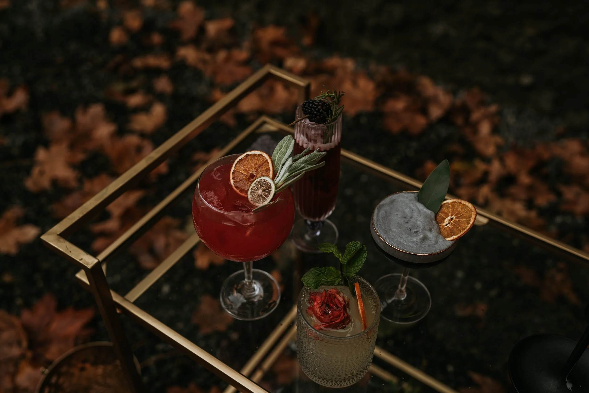 Assorted cocktails on a glass table, garnished with dried fruit, herbs, and berries, set outdoors with fallen leaves.