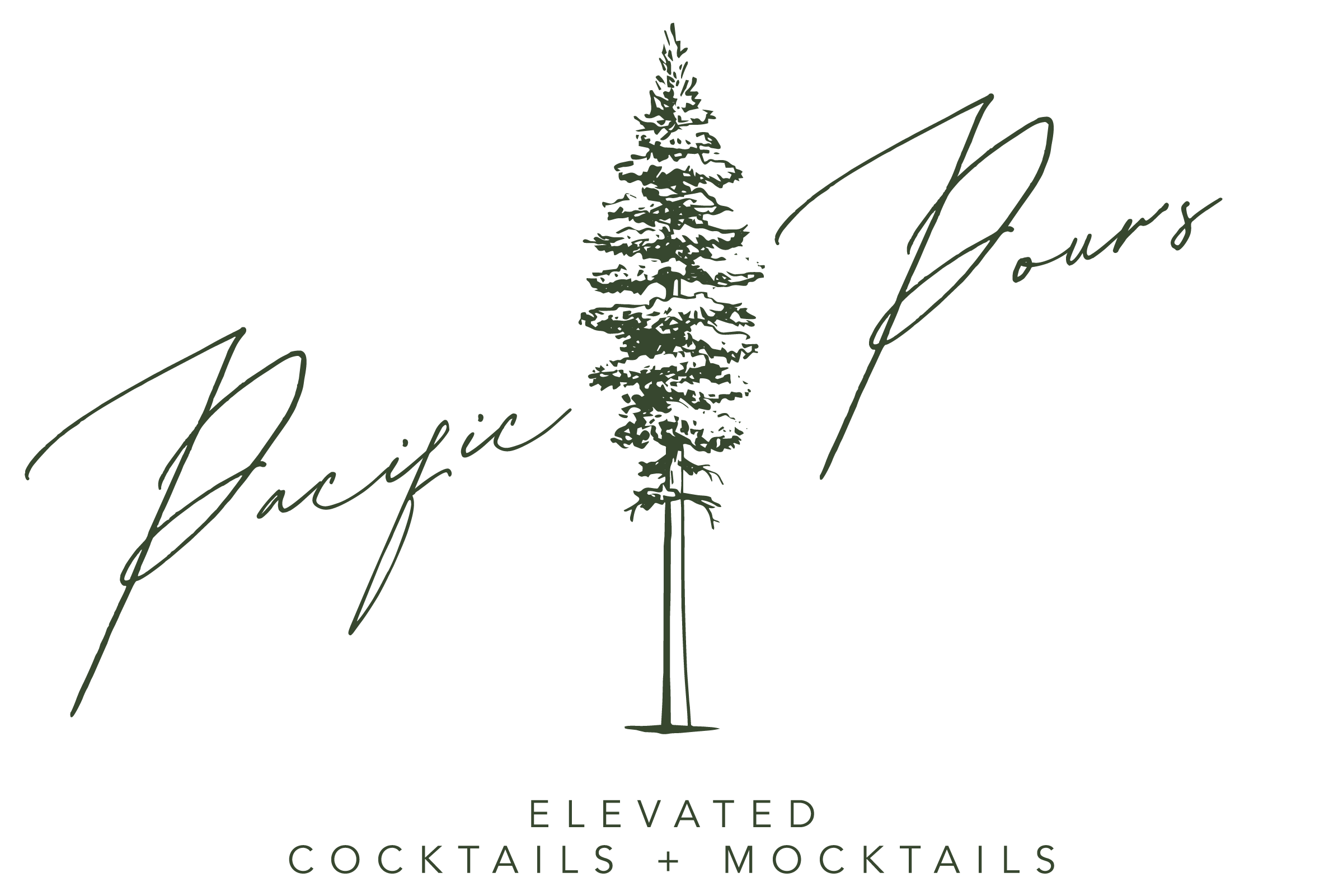 Illustration of a tall pine tree with the words 'Pacific Pines' and 'Elevated Cocktails + Mocks' written around it.