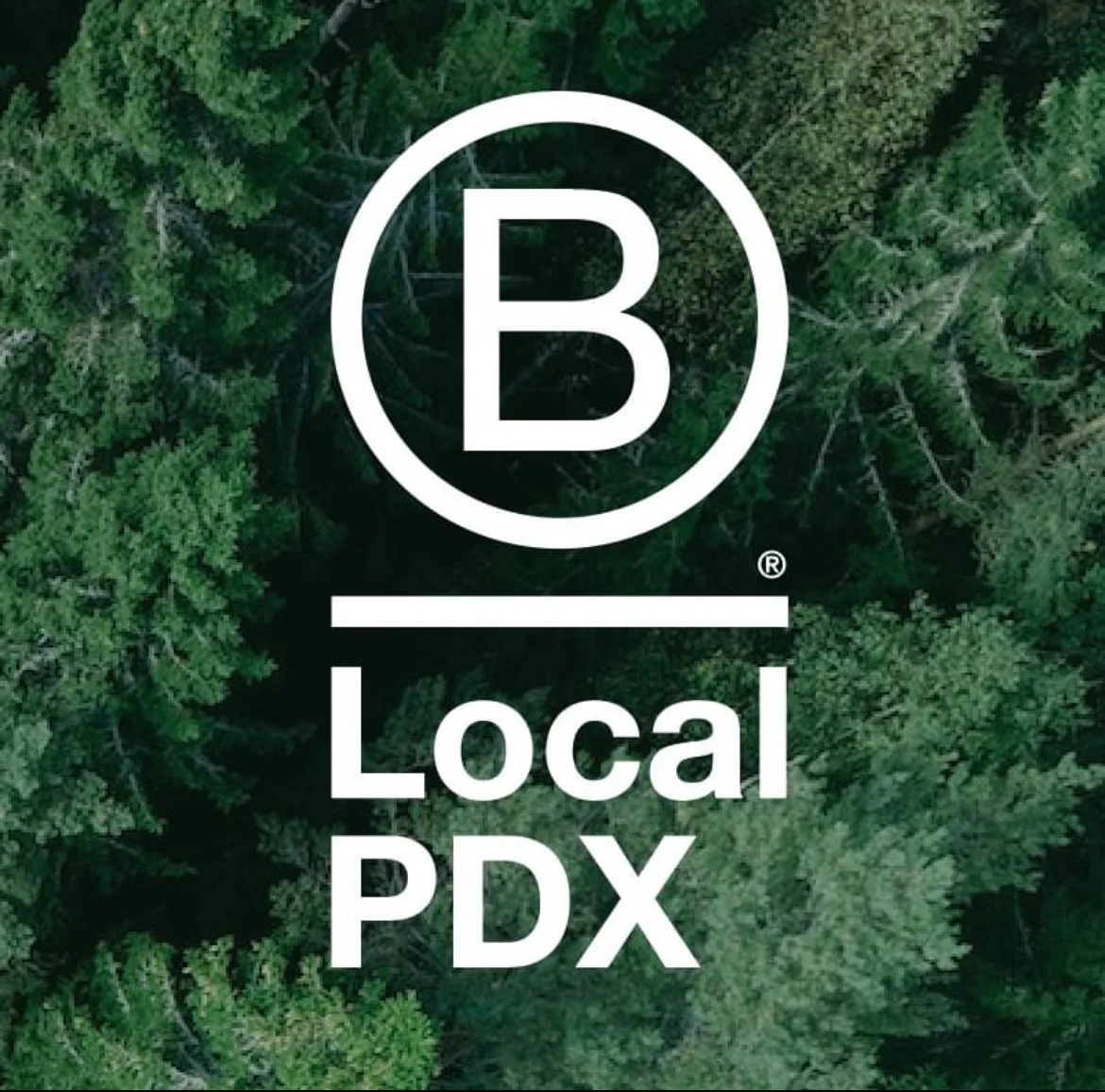 Logo with a large letter B inside a circle, over an aerial view of a dense green forest, with the words "Local PDX" below.
