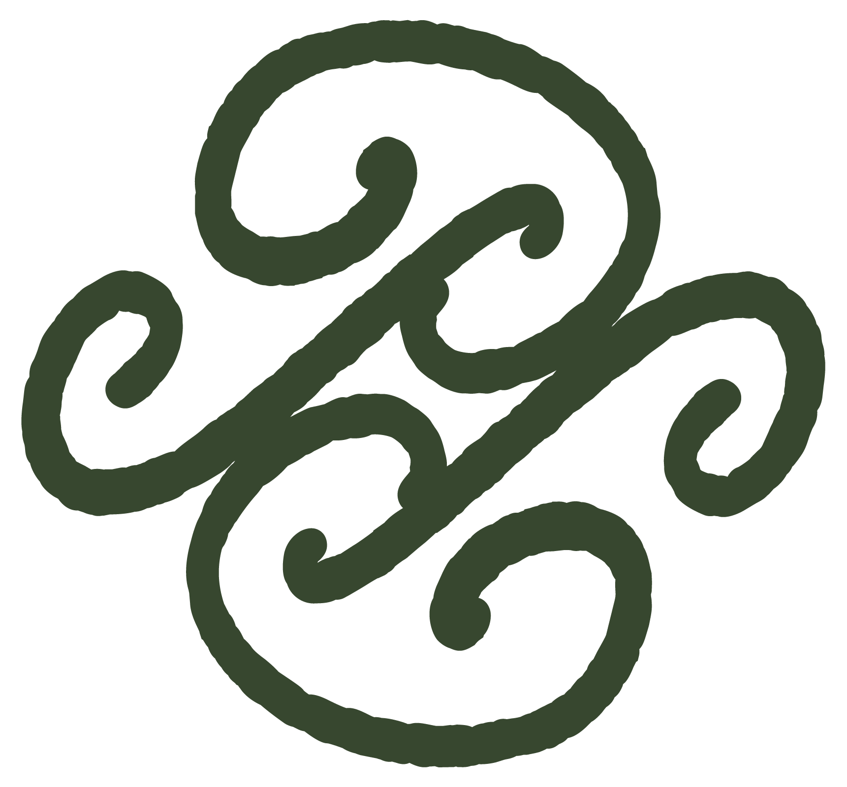 A decorative green swirl design on a black background.
