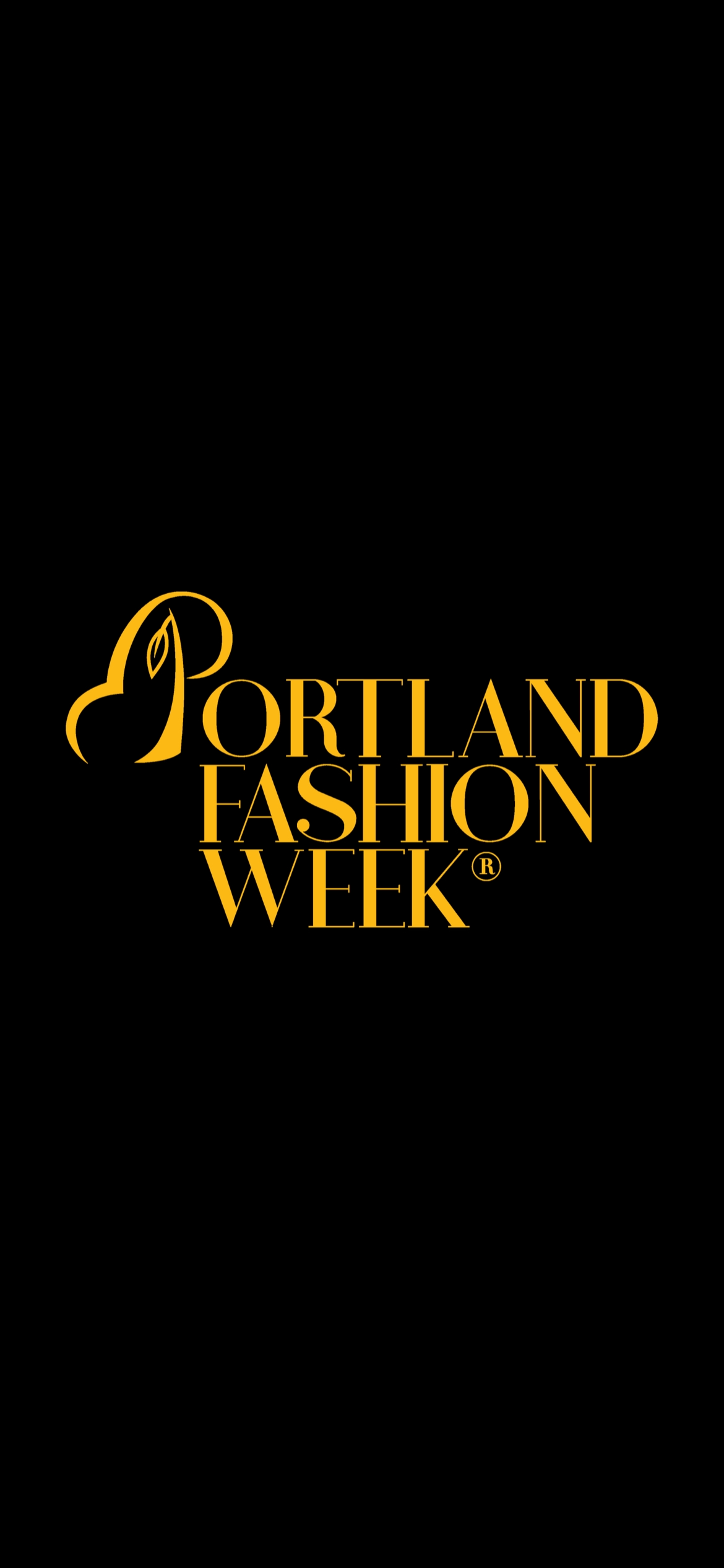 Portland Fashion Week logo in gold text on black background with a stylized leaf design.