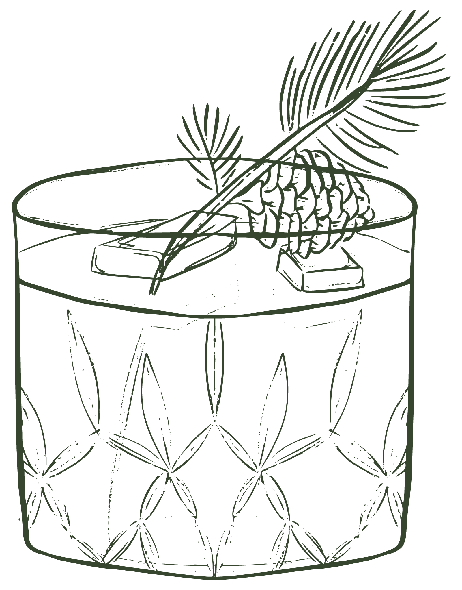 Line drawing of a geometric design featuring a pinecone and pine branches on a circular base.