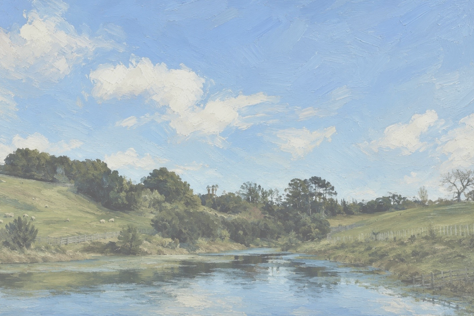 A digital painting of a peaceful landscape with a river flowing through green hills, trees, and a blue sky with scattered clouds.