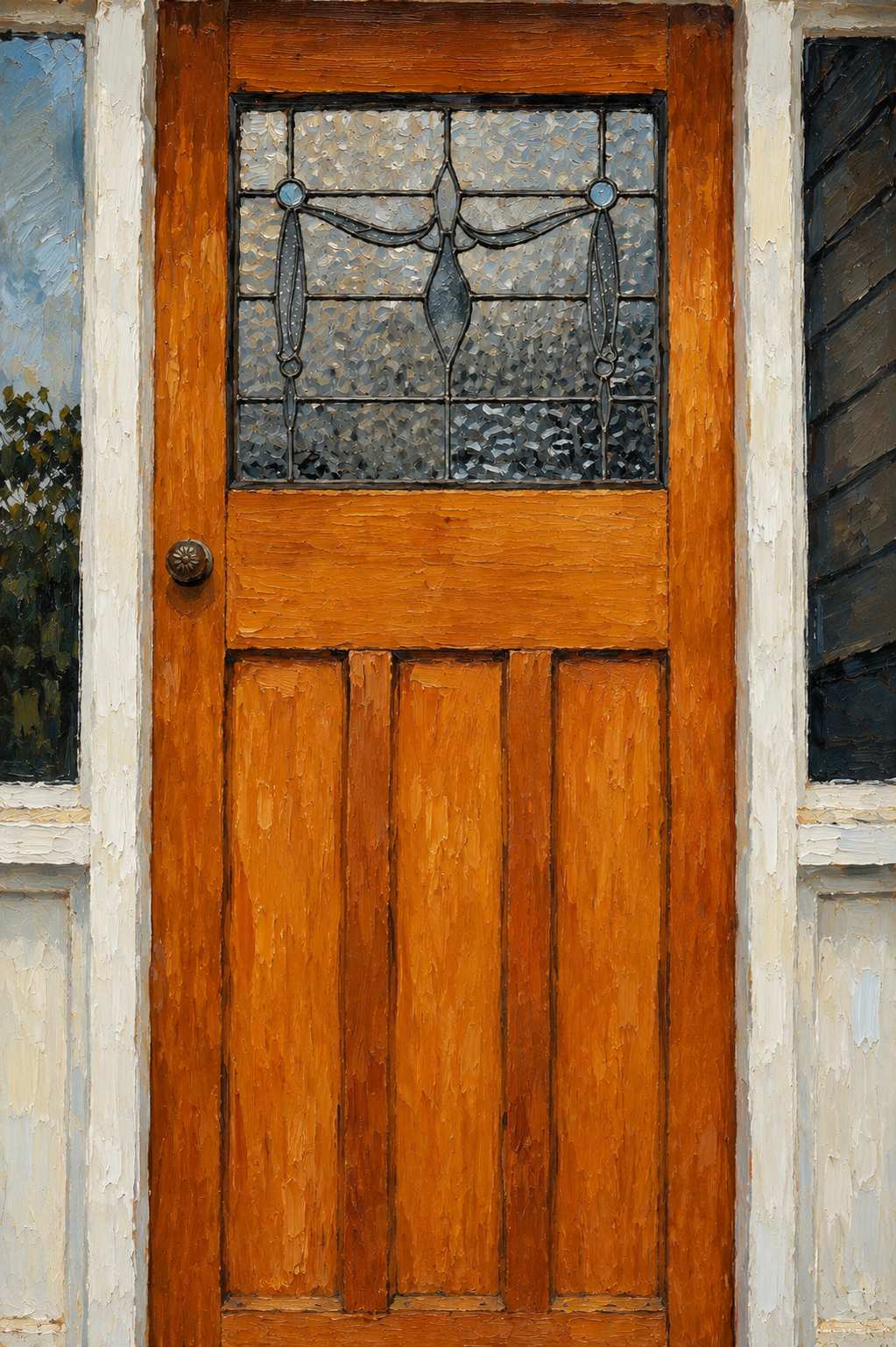 Painted wooden front door with a stained glass window at the top, surrounded by white and dark siding.