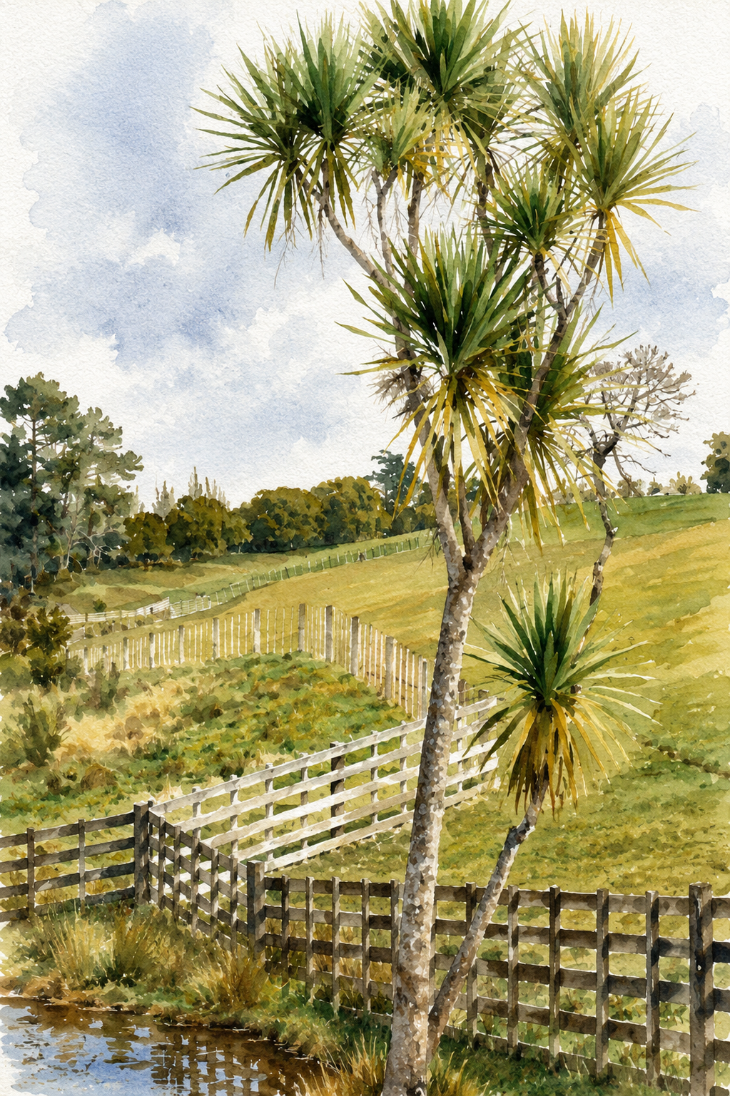 Watercolor of a landscape with tall, spiky trees, a wooden fence, grassy hills, and a partly cloudy sky.