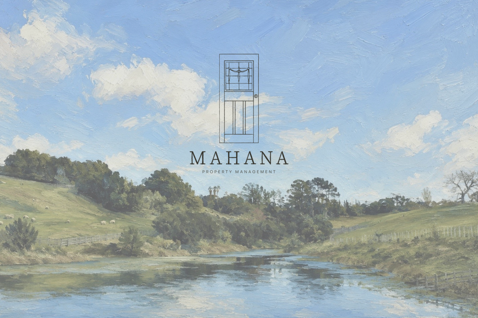 Painting of a river landscape with green hills, trees, fences, and a blue sky with clouds, featuring the logo and name 'Mahana Property Management' in the center.