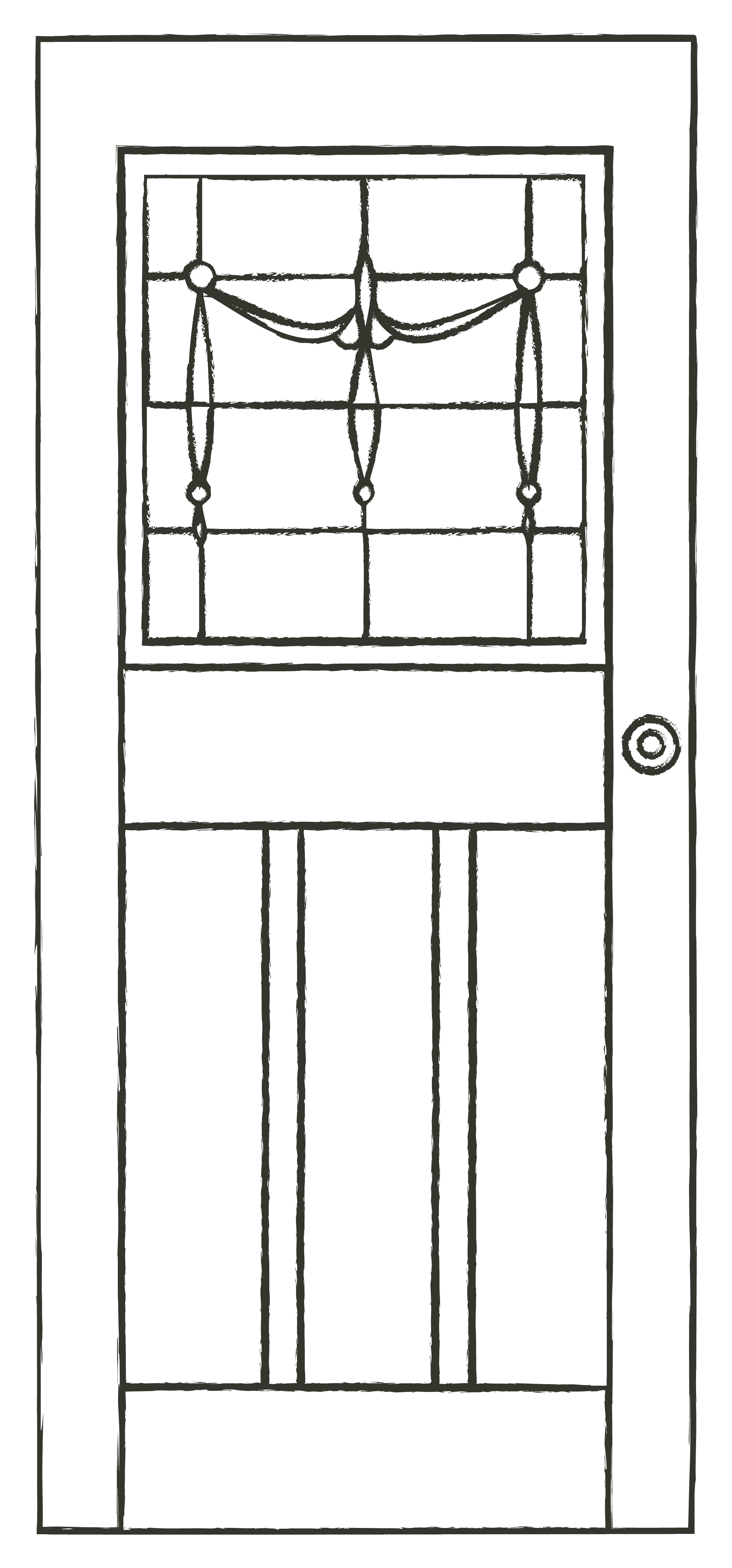 Line drawing of a door with a decorative glass window panel featuring draped curtains, a doorknob, and vertical panels.