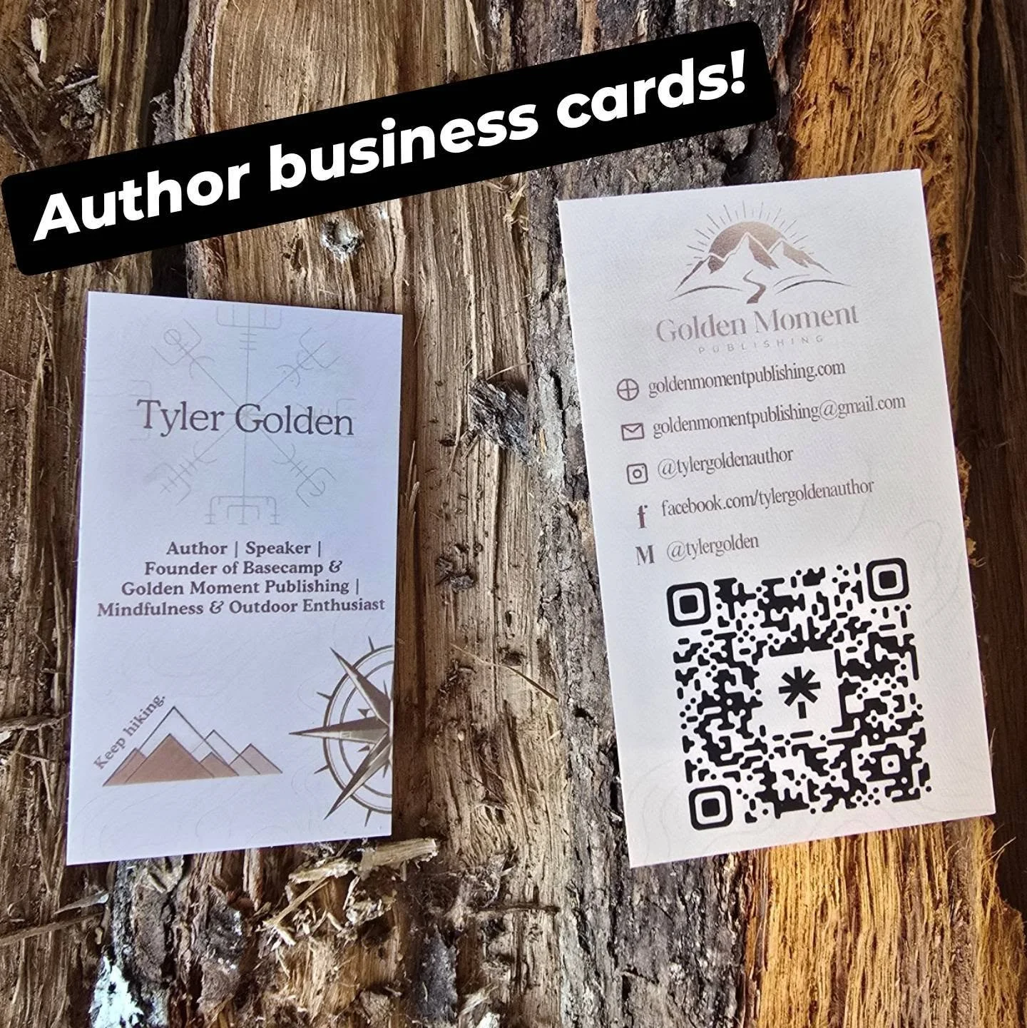 New author business cards! Front (left) and back (right). Thoughts on the design? #thetrailtohere #mindfulness #author #businesscards #selfhelpbooks