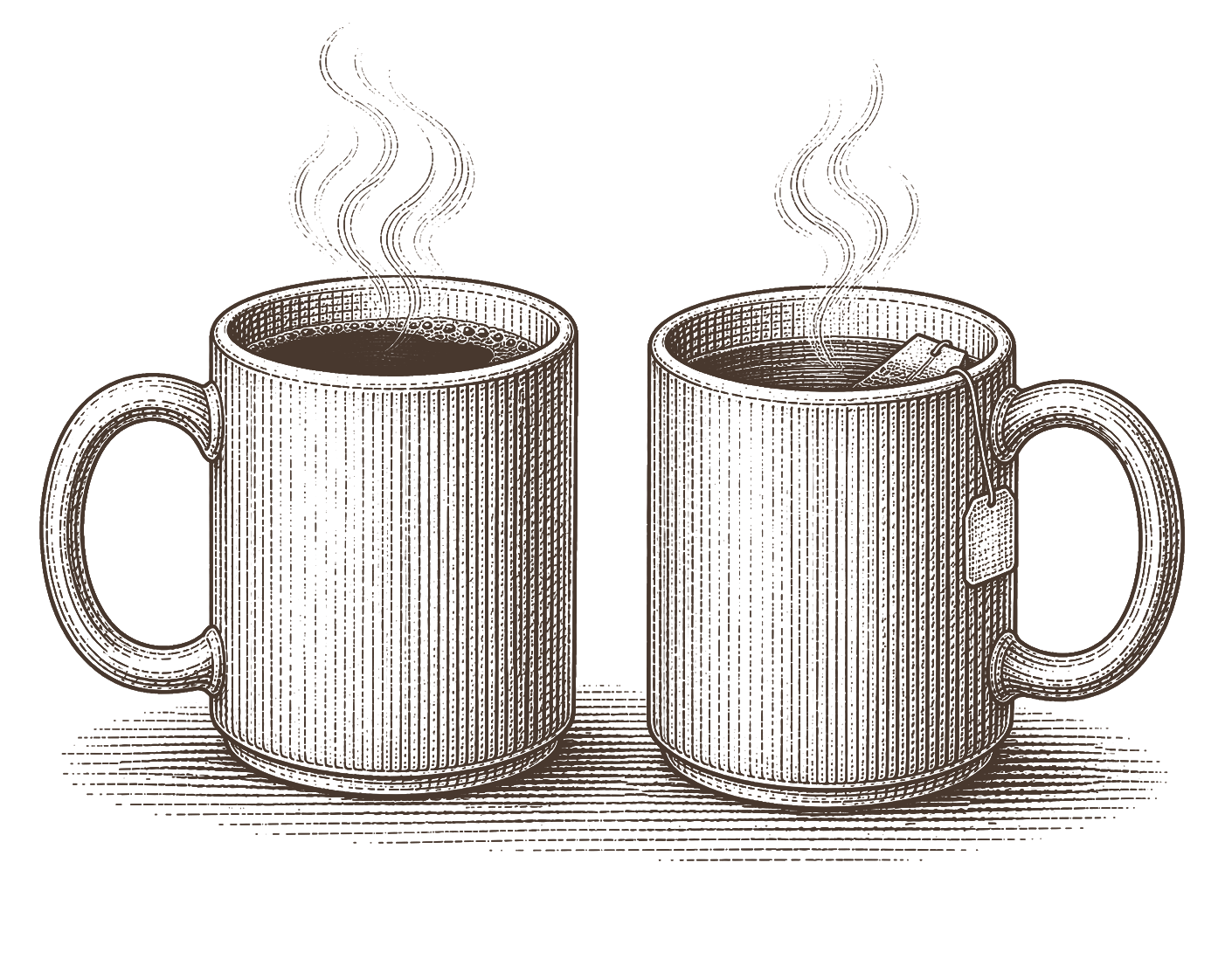 Illustration of two coffee mugs with steam rising, one with a tea bag inside.