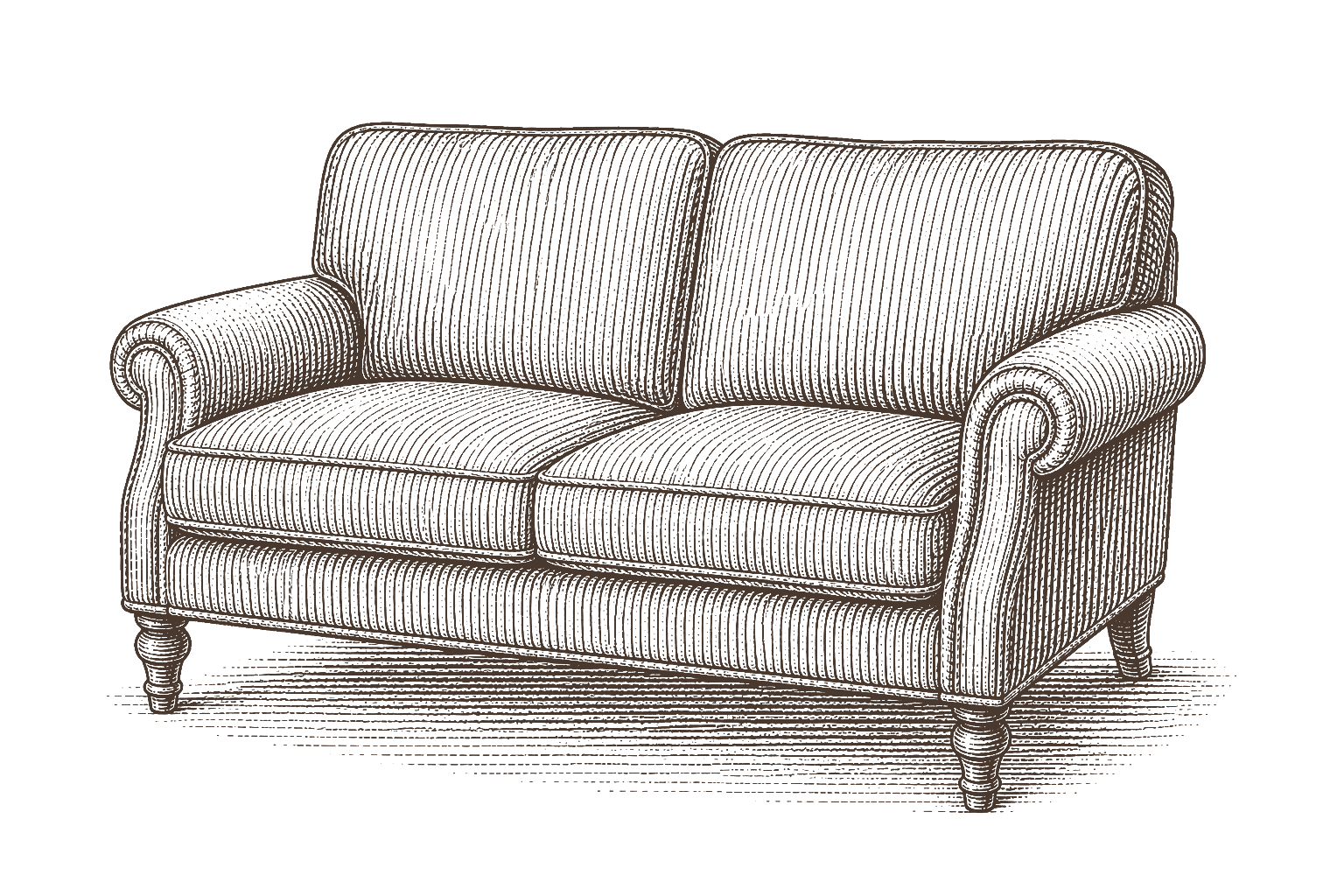 Line drawing of a vintage upholstered sofa with rolled arms and wooden legs.