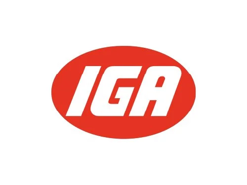 IGA logo with white letters in a red oval background
