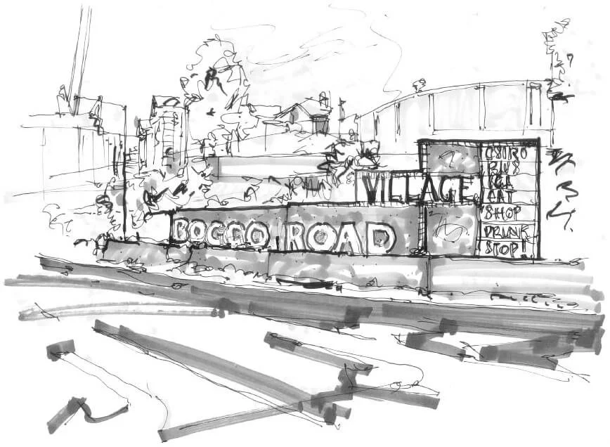 Sketch of a street scene with a sign reading 'Bocco Road Village' and a menu board with options like 'Eat,' 'Shop,' 'Drink,' and 'Stop' on the sidewalk.
