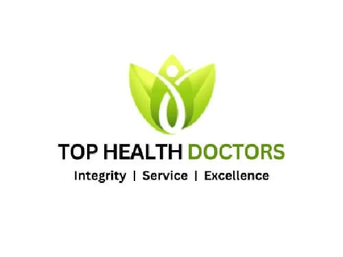 Logo for Top Health Doctors with a green leaf and abstract human figure, and the words 'Integrity | Service | Excellence'.
