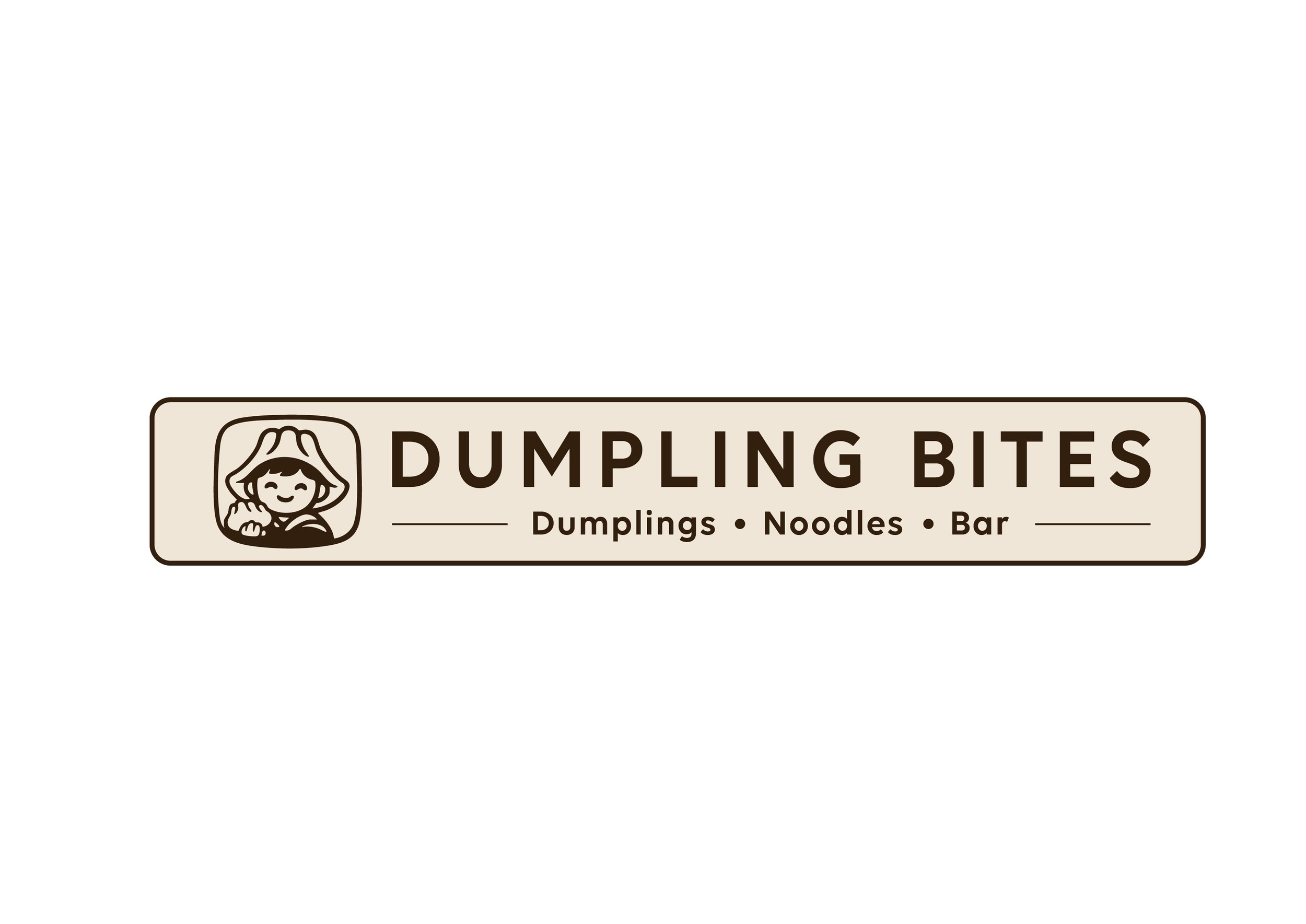 Logo and sign for Dumping Bites featuring a smiling cartoon character wearing a chef hat, next to text that reads 'DUMPING BITES' and 'Dumplings Noodles Bar'.