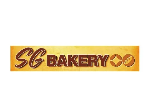 Logo for SG Bakery with yellow background, stylized text, and icons of a bread roll and a pretzel.