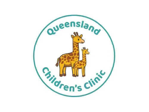Logo for Queensland Children's Clinic featuring two cartoon giraffes, one large and one small, inside a circular border.