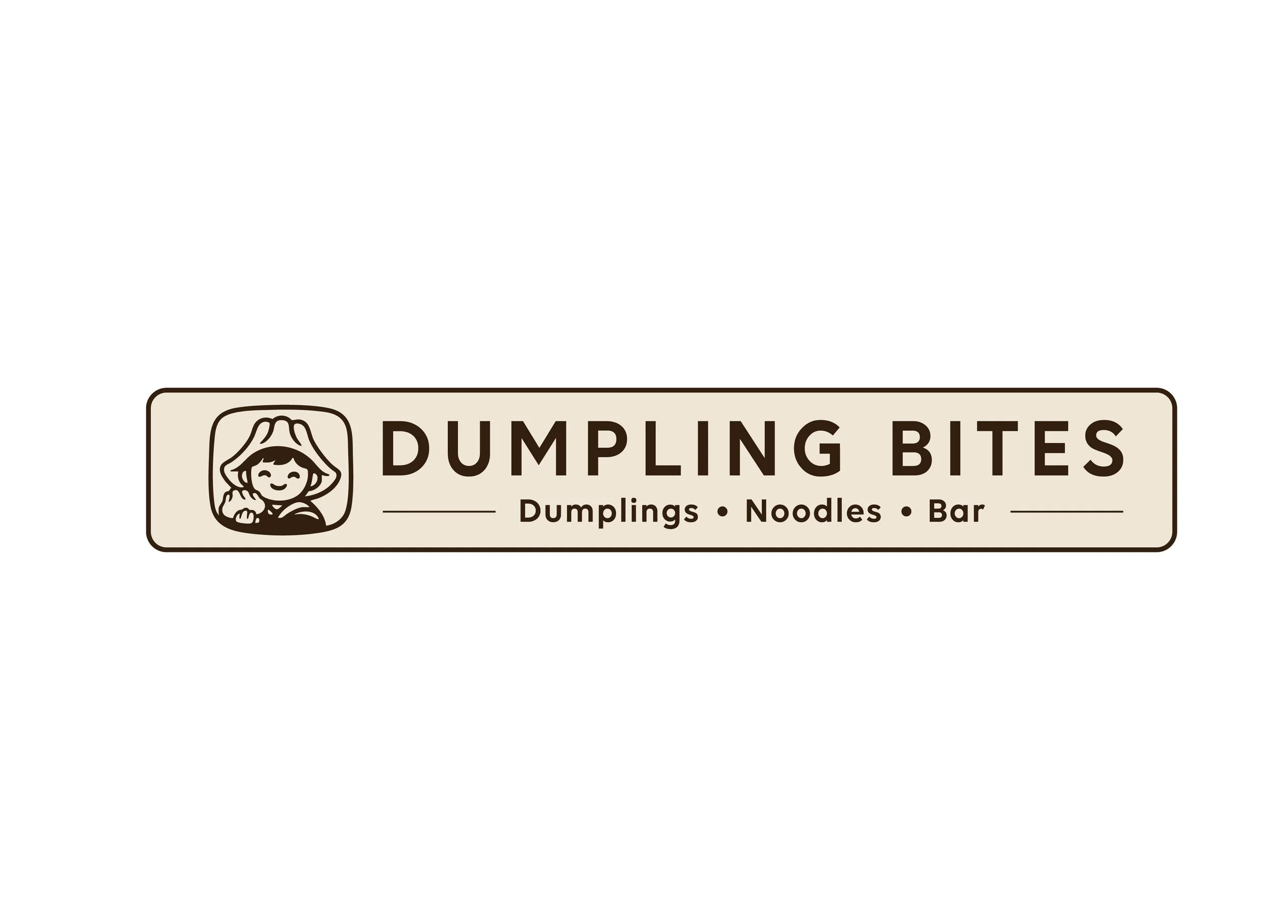 Logo for Dumpling Bites featuring a smiling child in a hat, with text listing dumplings, noodles, and a bar.
