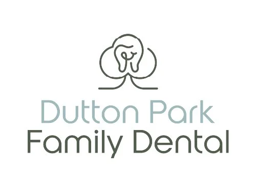 Logo for Dutton Park Family Dental with an abstract illustration of a tooth and hands.