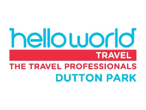 HelloWorld Travel logo with blue text, red banner reading 'Travel', and watermark 'Dutton Park' in blue.