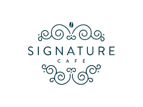 Signature Cafe logo with decorative swirl designs above and below the text.