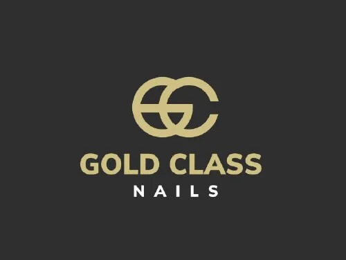 Logo for Gold Class Nails with a gold emblem and text on a dark background.