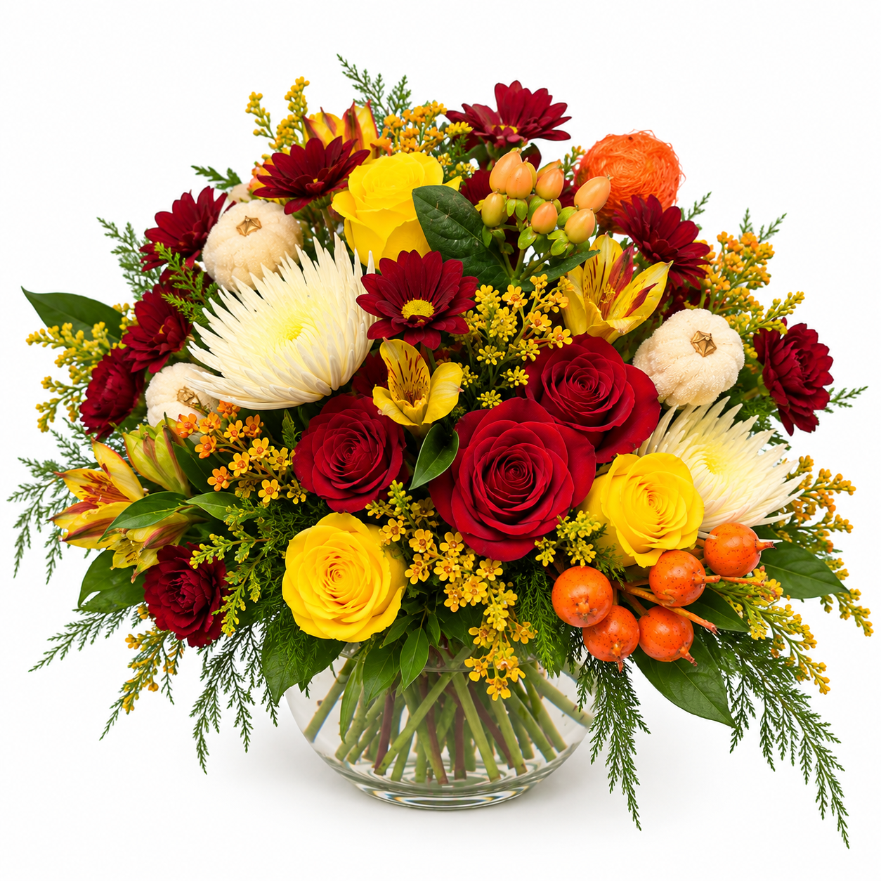 Deluxe Autumn Floral Arrangement in Glass Vase.png