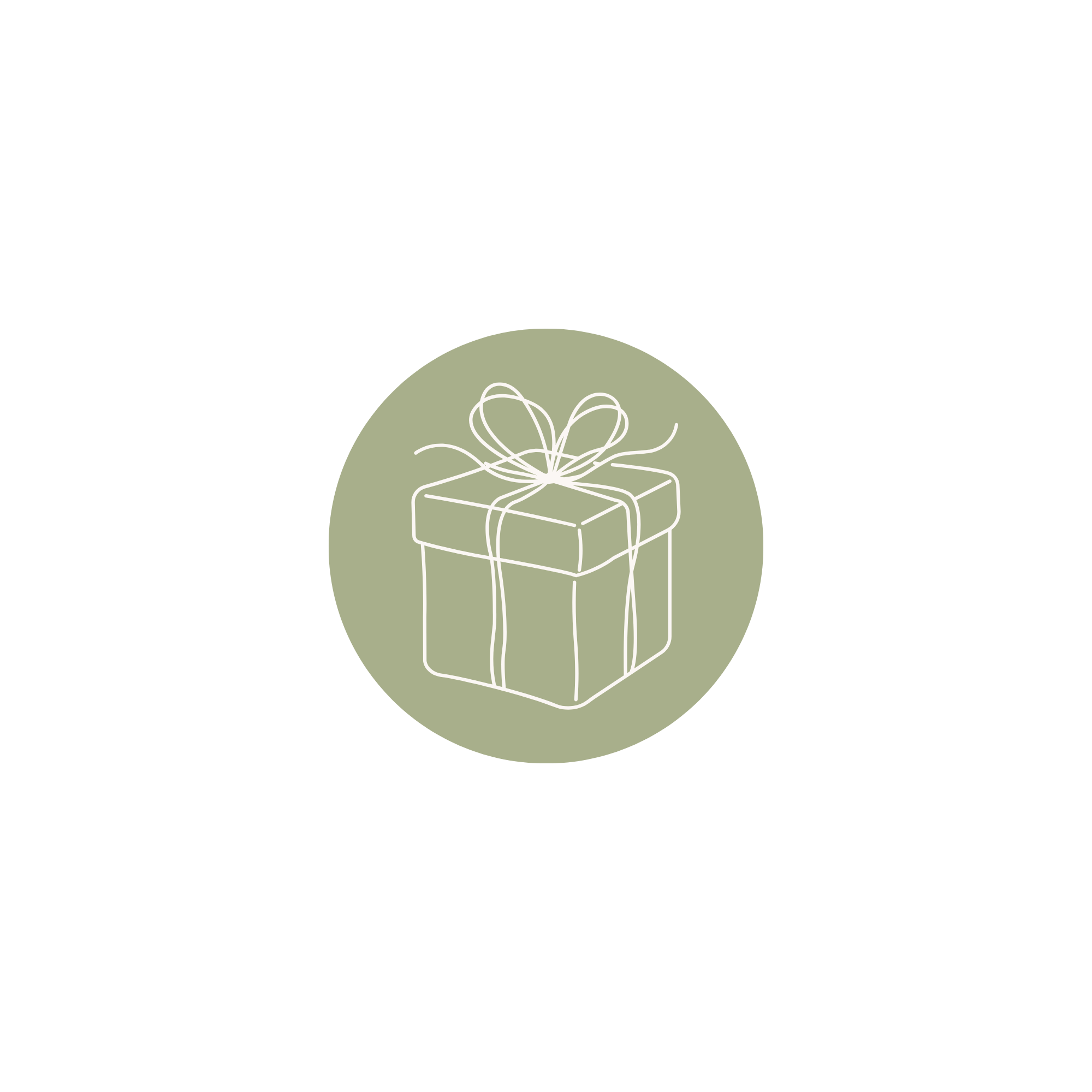 Line drawing of a gift box with ribbon inside a green circle.