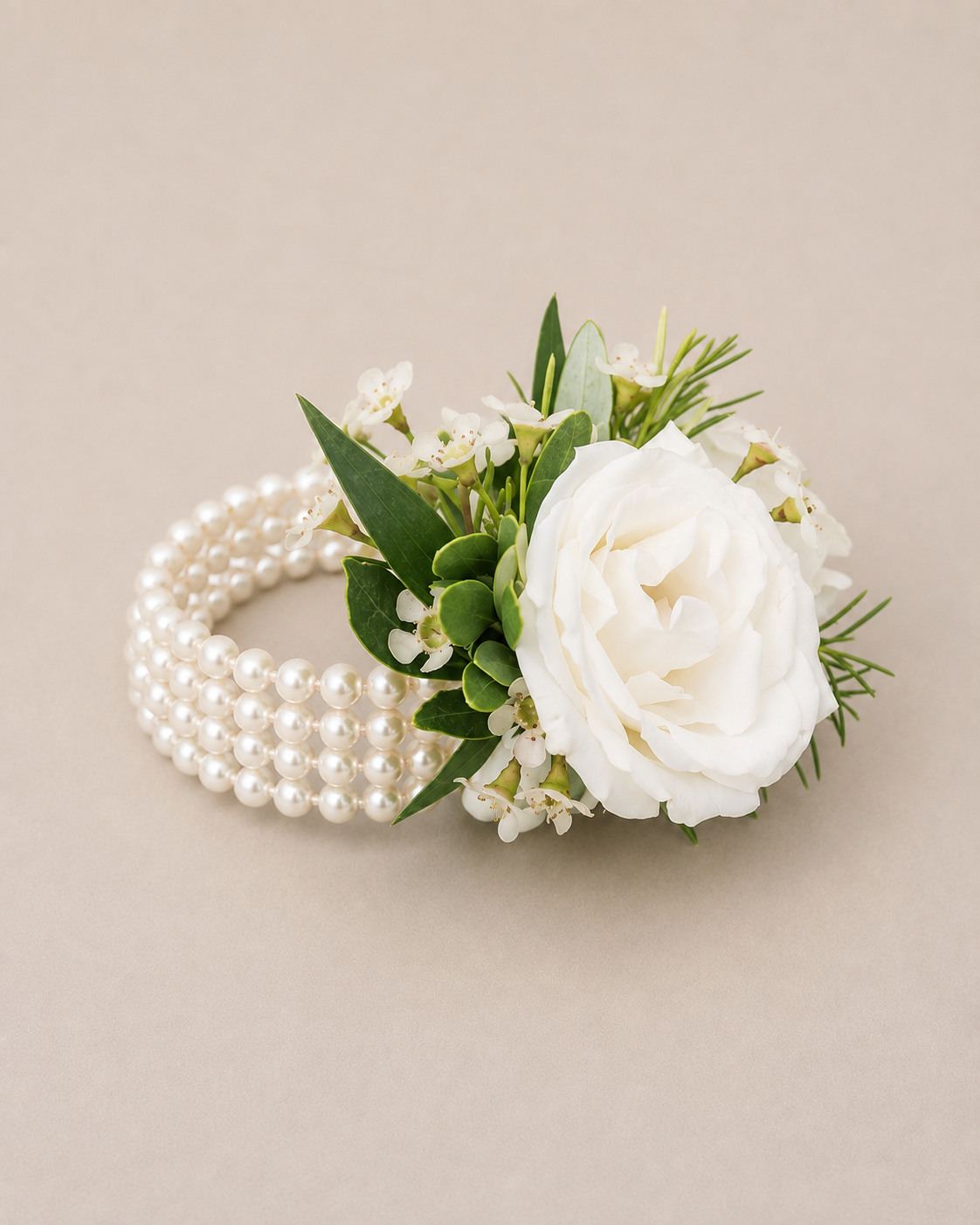 A floral arrangement with a large white peony, green leaves, and small white flowers, accompanied by a three-strand pearl bracelet, set against a beige background.